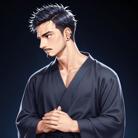 1man, skin tanned, hairly, messy hair covering part of the face, red eyes, thin eyebrows, ear piercing, small goatee, wearing black Japanese tunic with scarlet edges, alone, looking forward, athletic body, masculino, bara.