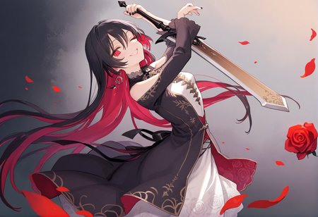 masterpiece,best quality,amazing quality,very aesthetic,high resolution,very awa,(ciloranko:1.3),(mignon:0.8),(navel(ohisashiburi):0.6),(bee \(deadflow\):0.8),<lora:kedamaaXLillokrV5311P:0.3>,1girl,solo,solo focus,(from_side:1.3),<lora:mir-000010:1>,mir_arc,1girl,solo,long hair,black hair,two-tone hair,red hair,red eyes,multicolored hair,hair between eyes,colored inner hair,bangs,single earring,long sleeves,black nails,fingernails,small_breasts,dress,black dress,gold trim,shoulder cutout,bare shoulders,floral print,white dress,clothing cutout,black belt,jewelry,sword,
crazy smile,holding sword,holding weapon,light_eyes,blood splatter,slit_pupils,looking at viewer,arm_above_head,blood,petals,red rose,flower,dancing,ballet,one eye closed,floating_blood,mature,