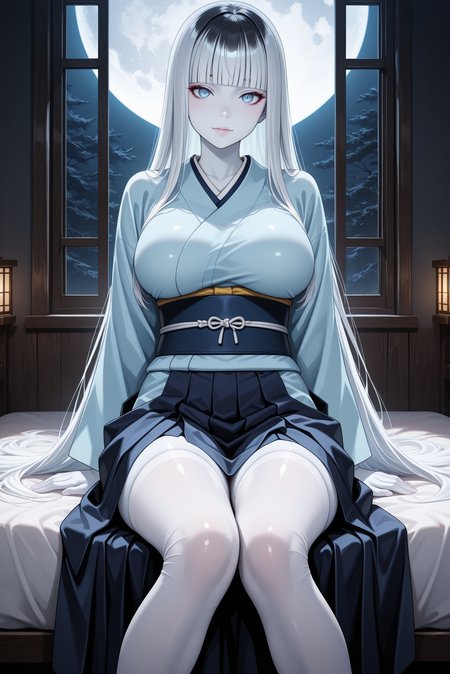 lazypos, shiny skin, raw lighting, overexposed, harsh flash, dark background, dark room, bed, indoors, window, night, dark, 1girl, large breasts, light blue kimono, obi, sash, white stockings, wooden snadals, dark blue hakama, 1girl,solo, oregairu, blue eyes, large breasts, grey hair, long hair, white hair, very long hair, Yuki-onna style, blunt bangs colored skin, white skin, knees together feet apart, black hair, blue eyes, full moon, looking at viewer <lora:TrendCraft_The_Peoples_Style_Detailer-v2.1A-3_12_2025-JANKU:0.2>