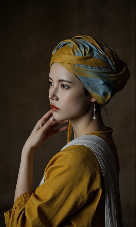 Top Atmosphere Photography Works, extremely realistic, Art by Zhang Jing, 
﻿
realistic historical portrait in dutch golden age style, classical oil painting style, traditional media, reminiscent of 17th century master johannes vermeer, a softly lit interior with a dark, muted background that fades into shadow, evoking the quiet intimacy of a painterâs studio, subtle textures in the fabric, soft brush strokes, and delicate contrast between skin tones and the dim surroundings, left side view of zilcova, a young woman looking over her shoulder at the viewer, lips parted slightly, wearing a smooth blue and yellow turban and an awe-inspiring earring with a single large lustrous pearl catching the light, her gaze is calm yet curious, suspended between awareness and stillness, as if she were caught in the act of turning, tight half-length portrait shot, soft painterly realism, chiaroscuro, gentle falloff on one side of the face, oil on canvas with rich natural pigments, layered glazes for lifelike skin, inspired by vermeerâs technique, ovg, rembrandt lighting style, 
﻿
(photorealistic:1.5), (Extremely realistic, masterpiece, top quality, official art, best quality, beautiful and aesthetic:1.2), 4k, 8k, very rich details, 24bit colors, vivid colors, cinematic color grading, landscape,