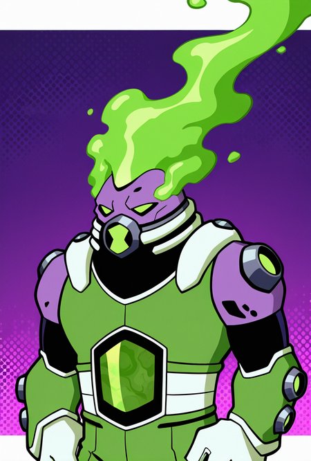 <lora:gutrot-10:1> gutrot, armor, 1boy, male focus, purple skin, green suit, , green eyes, white gloves, bodysuit, wide head, purple background, green smoke,, masterpiece, best quality, amazing quality, very aesthetic, absurdres, newest,, upper body, halftone effect, white borders, abstract background:1.2,