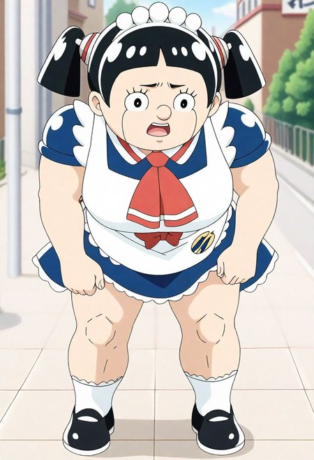 <lora:Hyper-SDXL-8steps-lora:1><lora:Fixhands_anime_bdsqlsz_V1:1> zPDXL2, score_9, score_8_up, score_7_up, source_anime, intricate details, perfect anatomy BREAK
1girl, solo, mar-roboco, black hair, bowl cut, short twintails, black eyes, maid headdress, mar-roboco outfit, maid, maid apron, red neckerchief, white socks, black shoes,
from behind, bent over, Disgusted, A wrinkled nose, raised upper lip, and a slightly open mouth.,
outdoors, city, tokyo, japan,
 <lora:mar-roboco_XL(pony)v10:1>