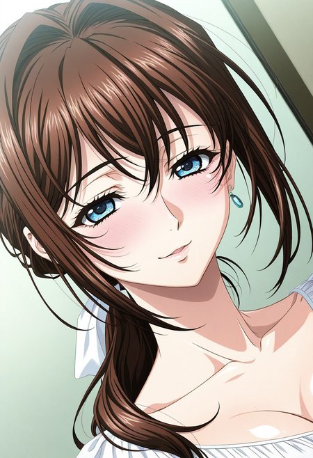 masterpiece, best quality, newest, highres, uncensored, 1girl, yokota mamoru style,1girl, slender face，motion lines,blush,torogao,looking at the viewer,seductive smile
Asai Sayaka,Brown Hair, Ponytail,Blue Eyes,Medium Breasts, Slim,long hair
1girl,solo
,slim,solo, open eyes, earrings, jewelry, long hair, blush, close-up,, dutch angle, portrait,full dressed