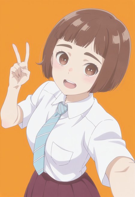 anime screencap, anime coloring,  <lora:DX888KazusaIL:1> onodera kazusa, brown eyes, thick eyebrows, brown hair, short hair, bob cut, blunt bangs, BREAK simple background,  orange background,  BREAK school uniforme, white shirt, striped necktie, skirt,  BREAK  1girl, breasts, cellphone, holding phone, open mouth,   selfie,  taking picture, (v:1.2), from above,