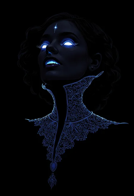 Create a calligram portrait of a gothic vampire queen, with dark, haunting eyes and an elaborate collar. Use words like 'immortal,' 'shadows,' and 'desire' to form her face and collar, with subtle fang shapes. Let the words glow in a soft, pale blue against a jet-black background, giving her an eerie yet regal presence.