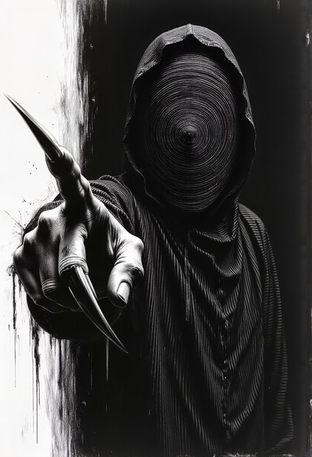 Dark, stylized figure in a dynamic pose, enigmatic and unsettling. The figure is draped in striped clothing, dramatic, almost grotesque. One long, sharp, clawed hand extends menacingly toward the viewer, pointing directly at them—so close it appears to break the boundary of the image, almost emerging from the screen. The exaggerated perspective makes the reaching hand the dominant focal point, intensifying the sense of unease. The face remains obscured by a swirling spiral pattern, adding to the disorienting effect. Strong contrast between light and shadow accentuates the figure’s eerie form. Monochromatic, black and white pencil sketch style; graphic and highly detailed. A feeling of intense darkness and suspense pervades the image. High detail in the drawing of the extended hand and claws, emphasizing its proximity. Visually striking, gothic aesthetic. Figurative art with a detailed depiction of the human form, though exaggerated features hint at a disturbing, non-human quality.

aidmafluxproultra
gl1tchc0re

