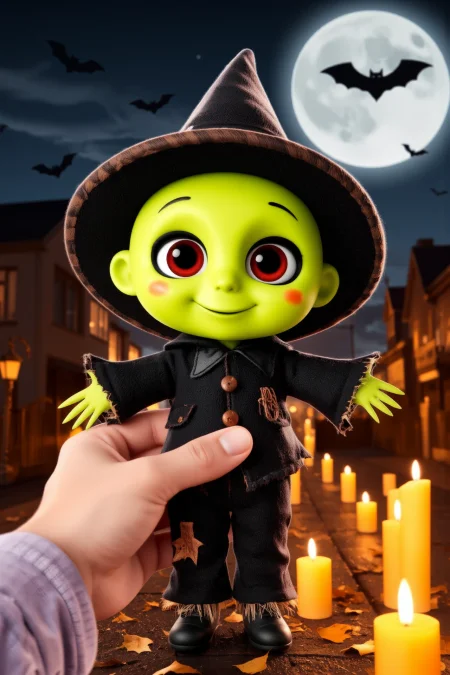 cute, halloween night, horror, (bats), moon in the sky, portrait, (standing:1.2),  happy smiling, red eyes,(very detailed), best quality,  sharp focus, Neon Green stitched-up scarecrow attire, floating candles, gothic horror, wind blowing leaves through the street, lightning flashes, ethereal lights, backlight, shadows, high contrast, hdr, <lora:Anti-Blur:0.8> <lora:Hand v2:0.8> Detailed hand, Hand, Perfect hand <lora:aidmaImageUpgrader:0.8> aidmaimageupgrader  <lora:PinkieChibiHalloweenFLUX:0.8> pinkchibihalloween
