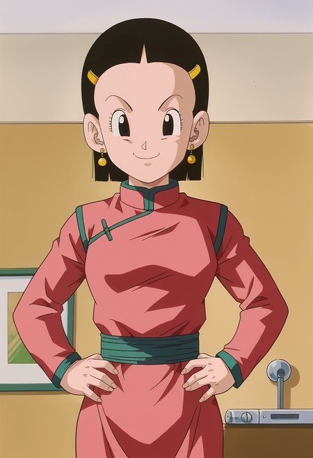 <lora:Chi-Chi-Dragon_Ball_GT:0.9>,Chi-Chi,mature female,1girl,solo,black hair,black eyes,hair ornament,hairclip,short hair,chinese clothes,cowboy shot,hands on own hips,looking at viewer,indoors,light smile,