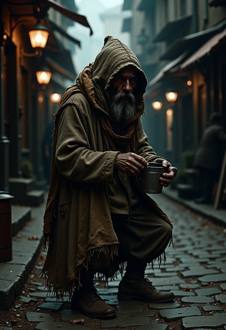 Rancid Ron is depicted as a figure of both repulsion and bizarre reverence in the shadowy streets of Ankh-Morpork. A gaunt, ragged beggar wrapped in layers of mismatched, tattered clothing, he wears a hat thatâs been patched and mended countless times, and clutches a battered tin cup for collecting alms. His odorâa complex bouquet of unwashed wool, rotten vegetables, and something distinctly fungalâwafts visibly through the air, creating a palpable haze around him that even the cityâs resilient inhabitants seem to avoid. Standing in the damp, cobblestone streets amid the fog and dim lamplight, Rancid Ron appears less like a man and more like an eccentric urban legend, with his aura marking his territory as a high-ranking member of the beggarsâ guild. The scene reflects the grime and quirkiness of Ankh-Morpork, capturing its eccentric charm and the distinctive, grimy characters that populate the Discworld.