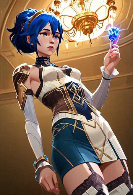 1girl, Lucina, (((elegant hextech corset with glowing blue gemstones and intricate gold filigree))), thigh-high stockings with circuit-like seams, electric-blue hair in a high ponytail, sapphire eyes gleaming with mischief, standing in a grand Piltover ballroom, chandeliers reflecting off her armor, holding a champagne glass filled with shimmering liquid, Dutch angle from below, cinematic lighting, hyper-detailed, 8k UHD, masterpiece
arcanstyle, 
(((Cowboy shot)))
