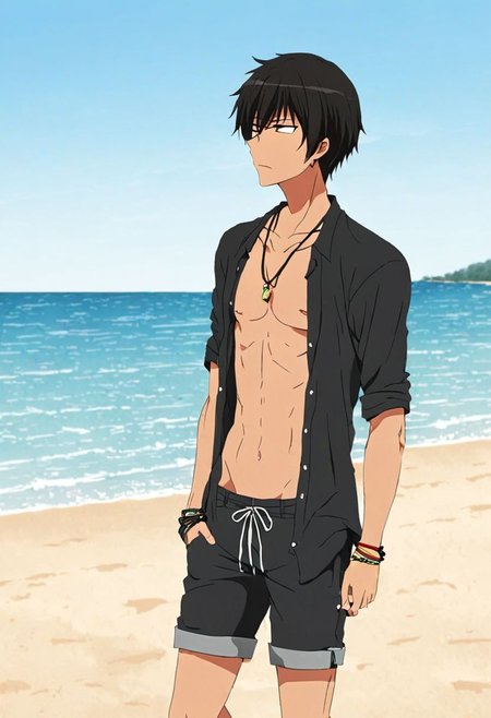 high resolution, solo, best quality, 1Boy, Kanie Seiya, Black Hair, beach, calm, clear sky, candid, open shirt, shorts, sixpack, necklace, bracelet, OverallDetail