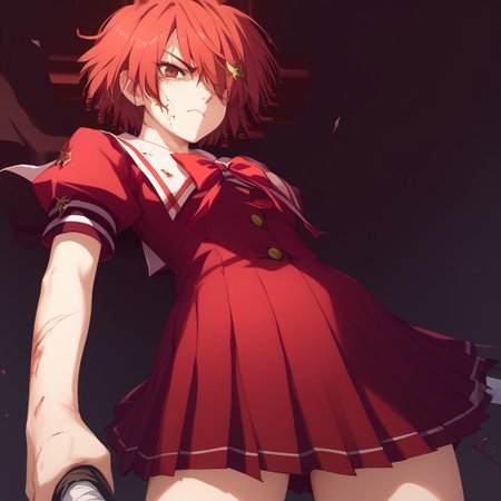 score_9, score_8_up, score_7_up, score_6_up, 1girl, hoshi_style, cel-shading, red hair, short hair, damaged clothes, holding katana, bloody, scars, low angle, gore, scowling, bang over one eye, red school uniform,