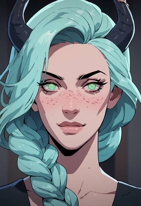 score_9, score_8_up, score_7_up, portrait, closeup, 1girl, dreamy eyes, ((devil horns)), mint blue hair, braided ponytail, freckles, sinister,
 <lora:scav3ngersV4_epoch_1:1.8>