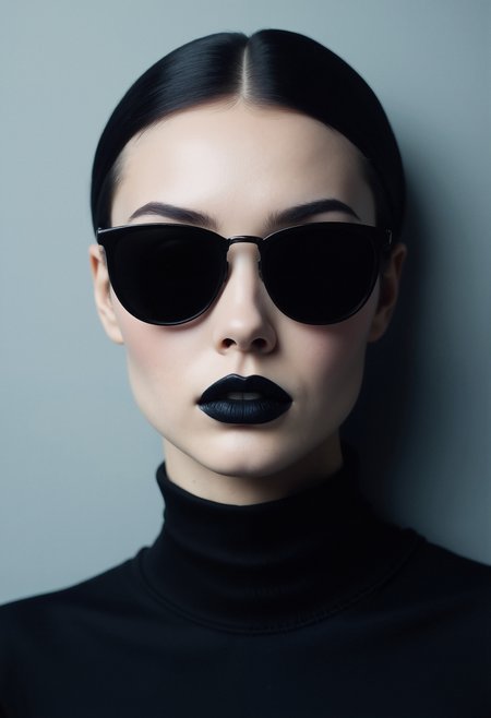 A pale-skinned woman with a slim, angular face, wearing round, black sunglasses. Her lips are painted with matte black lipstick. She is dressed in a form-fitting, long-sleeved black turtleneck. Her dark hair is slicked back, revealing a clean forehead and a sleek, minimalist hairstyle. The lighting is soft, evenly illuminating her face from the front, casting slight shadows under her chin. The background is a smooth, light bluish-grey wall, creating a clean, minimalist atmosphere. The overall tone of the image is modern, cool, and slightly mysterious, with a focus on simplicity and elegance.  <lora:FluxDFaeTasticDetails:0.8>  <lora:aidmaImageUpgrader-FLUX-V0.1:0.33> detailmaximizer,   <lora:aidmaMJ6.1-FLUX-V0.1:0.6> midjourneyv6.1,