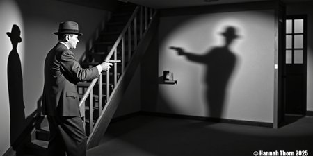 Detailed Description of the Picture: A black and white photograph depicts a scene of apparent confrontation. A man in a suit and hat, holding a pistol, stands in a room with a staircase. On the wall, a large shadow is cast, showing a figure also holding a gun, suggesting a confrontation between two armed individuals. The style is dramatic and suggestive of suspense.  Detailed Description of the Scene: The scene is set indoors, possibly in an attic or upper room of a building. There's a staircase with a visible banister, and a window is visible in the background. The room is plain and sparsely furnished, adding to the sense of tension. The lighting is stark and contrasts light and dark, highlighting the figures and the tension of the moment. The shadow on the wall is almost as prominent as the man holding the gun, making the shadow a strong visual element.  Style of the Photo: The photograph is in black and white, employing dramatic lighting and high contrast, characteristic of film noir style. The composition is carefully arranged to create suspense and highlight the confrontation between the man and the shadow. The use of shadows as a key element is a common technique in film noir to create mystery and intrigue.<lora:_Flux\_Film-Retro\Pre-Code_Hollywood-concept_2.safetensors:1.0:1.0>