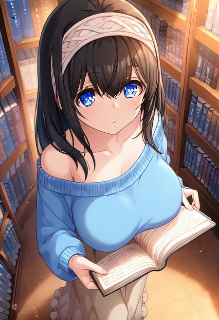 score_9, score_8_up, score_7_up, source_anime, BREAK, 
1girl, solo, sgswfmk,, (huge breasts), black hair, long hair, blue eyes, (highlight in eyes:1.8), (hair over eyes:0.7), (bangs between eyes), hairband, 
blue sweater, (collarbone), light brown skirt, long skirt, holding book, (bare shoulders), 
looking at viewer, 
dynamic angle, (from above), 
indoors, library, bookshelf,