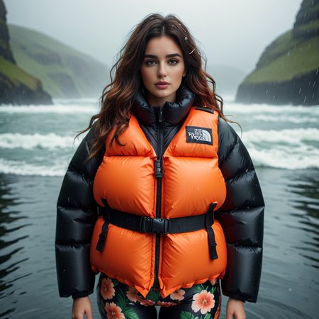 dark cinematic still with dark vibes, full body shot of life jacket  irish curvy women  wearing an Vintage floral prints   extra_puffy_jacket tnf_nuptse,  unique hair styles,   looking at the camera, shallow depth of field, 8k uhd, dslr,  high quality, photorealistic, realism, hyperrealism,
, wetlook raining water scene 
 <lora:Puffer_Jacket_and_Down_Jacket_-_Extra_Puffy_Jackets:0.6>,   <lora:pufferdown_tnf_nuptse:0.4>