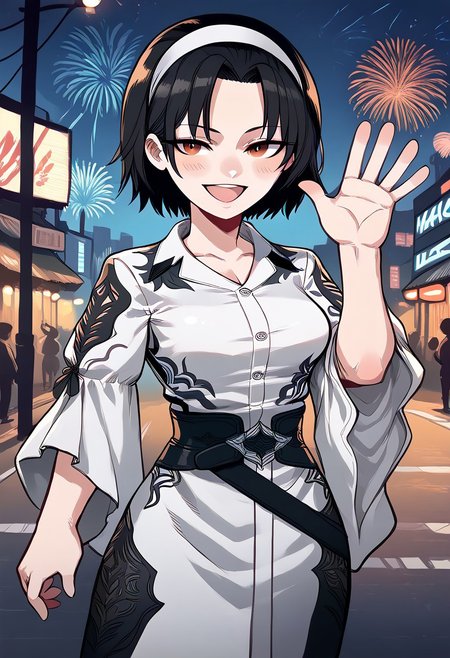 score_9, score_8_up, score_7_up, score_9, score_8_up, score_7_up,Masterpiece,HD,(((HD quality))), (((ultra quality))), hyper ultra detailed, hyper ultra quality, chibi,
street background,technology street,futuristic background,fireworks,
1girl, smile, open mouth, blushing cheeks,eyes open
waving hand, waving hand,
BREAK
jun kazama, jun kazama \(tekken\), belt,  
short hair, black hair, brown eyes,
hairband, white kimono,