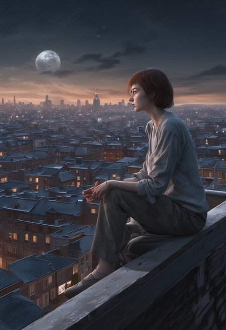 a woman looks like a zombie sitting on the roof, 1 girl, masterpiece, best quality, best quality, full body, bionic skin, pale skin, dead eyes, bionic face, blank stare, scars, blood, damage, hairs, cry, finely detailed, extremely detailed CG unity 8k wallpaper, night sky with stars and moon, empty city