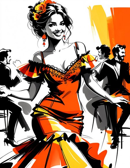 inksketch, young brunette in flamenco dress, naughty eyes, mischevious smile, dynamic angle, orange and yellow