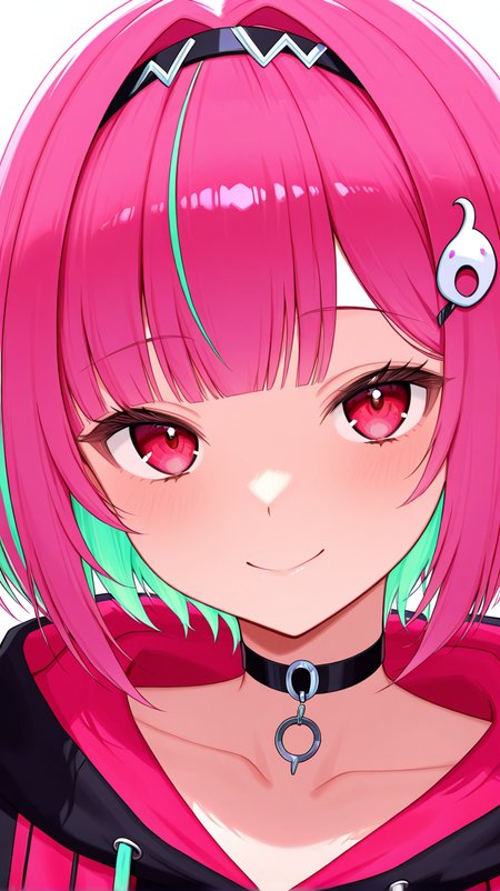 1girl, solo, looking_at_viewer, smile, short_hair, bangs, simple_background, hair_ornament, red_eyes, white_background, closed_mouth, collarbone, upper_body, pink_hair, multicolored_hair, hairband, green_hair, choker, hairclip, virtual_youtuber, hood, pink_eyes, two-tone_hair, hoodie, black_choker, bob_cut, hood_down, black_hairband, portrait, yellow_bow, colored_inner_hair, black_hoodie, octopus