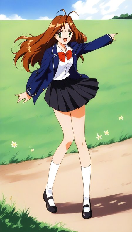 score_9, score_8_up, score_7_up, source_anime, rating_explicit, BREAK <lora:Tanima_Yuri_XL:1>Tanima_Yuri, 1girl, solo, long hair, brown hair, green eyes, antenna hair, breasts, 1990s (style), smile,
solo, full body, skirt, mary janes, shoes,long sleeves, open mouth, 
black footwear, standing, pleated skirt, looking at viewer, socks, black skirt, smile, 
white socks, miniskirt, black eyes, school uniform, bow, bangs, jacket, white background, bowtie,
grass, sky, day,