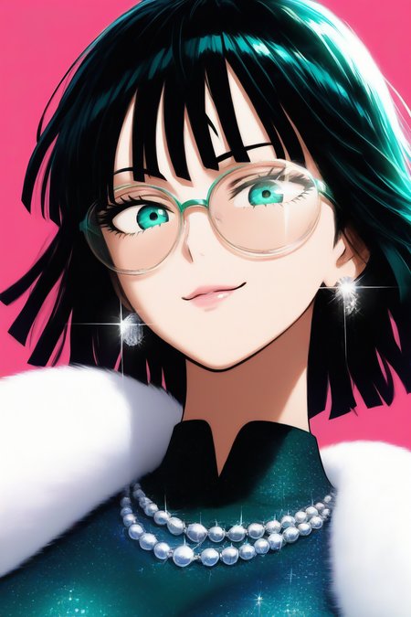 1girl, mature female, fubuki \(one-punch man\), one-punch man, murata yuusuke, anime coloring, sensitive, 

idol, (glitter, glint:1.6), head tilt, fashion, cover page, 

green hair, black hair, short hair, blunt bangs, blunt ends, green eyes,  

round eyewear, round glasses,  green-framed eyewear, round glasses, white-tinted eyewear, looking at viewer, 

smile, lipstick, lipgloss, 

jewelry, silver earrings, 

fur shawl, white fur, 

pearl necklace, 

green dress, taut dress, collared dress, high collar, 

portrait, solo, (from below:0.9), (from side:0.8), 

simple background, (pink background:1.2), white background, 

masterpiece, best quality, very awa, absurdres, highres, newest