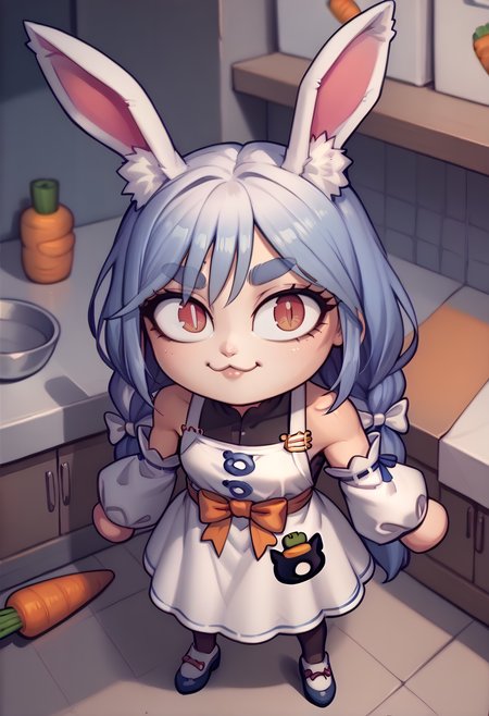 score_9, score_8_up, score_7_up, score_6_up BREAK  pekomamadef,thick eyebrows, bunny-shaped pupils, rabbit ears, animal ear fluff, apron, dress, detached sleeves, bow, carrot hair ornament,necoarccon,slit pupils, cat ears, :3, chibi <lora:necoarccon-guy-PONYv1:1>    <lora:sppekomamadefXLPony:0.8>