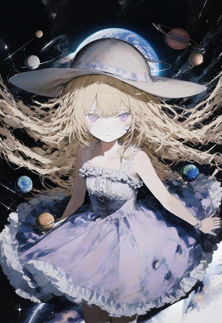 safe_pos, masterpiece, best quality, illustration, tekito midori, (((detailed lighting, rendered, perfect hair, detailed face and body))) 1girl, solo, long hair, bangs, blonde hair, hat, dress, bare shoulders, very long hair, purple eyes, frills, planet