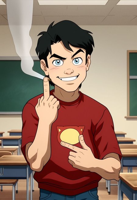 High Quality,  Billy batson, small body, solo, 1boy, black hair, blue eyes, red tshirt, bluejeans, young, smoking marijuana, ecstasy face, classroom, raised eyebrow, mischievous smile, looking at viewer, giving middle finger,