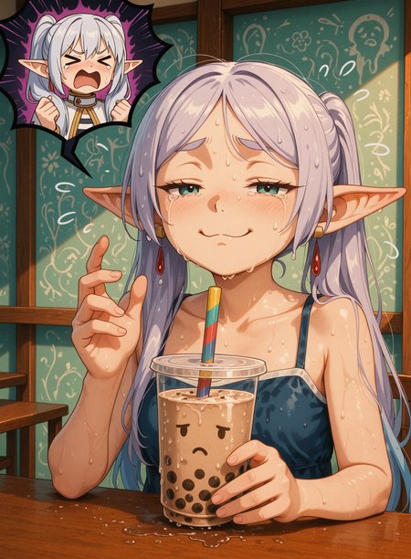masterpiece, best quality, amazing quality, very aesthetic, absurdres, newest, aura_\(sousou no frieren\), frieren_\(sousou no frieren\), aqua_\(konosuba\), bubble tea, bubble_tea_explosion, thrown_drink, liquid_splash, dripping_liquid, wet_clothes, soaked, messy, crying, emotional_damage, xd_face, ><_expression, tears, sad_expression, frieren_throwing, smug_expression, looking_at_viewer, aura_sitting, aqua_background, aura_crying, cafe_interior, cinematic_lighting, dynamic_scene, dramatic_composition, 3d_render, ultra_detailed, soft_shadows, highres_face, subsurface_scattering, raytraced <lora:dmd2_sdxl_4step_lora:1>, <lora:Concept Art Ultimatum [LoRA] - NoobAI-XL EPS 1.0:0.9> <lora:bubble_tea:1>