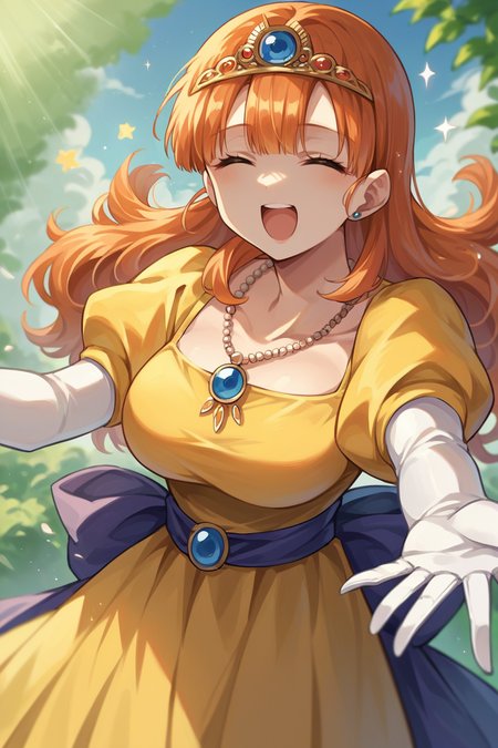 score_9, score_8_up, score_7_up, score_6_up, source_anime, 1girl, solo  <lora:dqlaura-pdxl-nvwls-v1-000005:1> dqlaura, orange hair, tiara, necklace, yellow dress, puffy sleeves, elbow gloves, white gloves, big breasts, happy, closed eyes, open mouth, incoming hug, outstretched arms