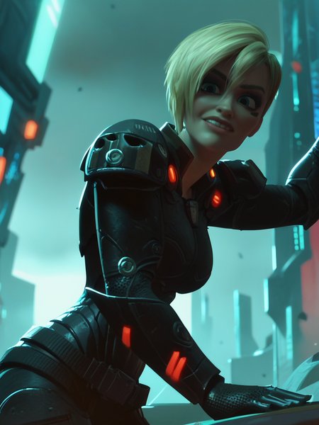 score_9, score_8_up, score_7_up, 1girl, dynamic pose, cowboy shot, cyberpunk city, light smile, looking at viewer, daylight, leaning forward, from side, v, sexually suggestive, from below, 
 <lora:ASergeantCalhoun_character:0.8>, SergeantXLP, blonde hair, short hair, blue eyes, armor, shoulder armor, bodysuit, screencap, solo,