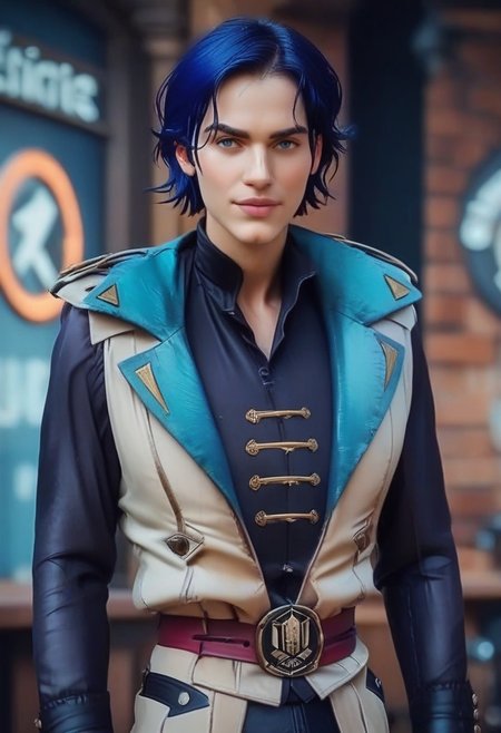 score_9_up, score_8_up, score_7_up, score_6_up, (realistic, photography) dynamic view, 1boy, 1male, solo, BREAK,  
b4pt1st3,, short hair, hair over one eye, bangs, blue hair, blue eyes, 
long sleeves, belt, coat, shirt, black pants, shoes, coat,  vest,
BREAK, standing, smiling, charming,