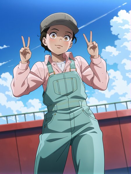 masterpiece, best quality, amazing quality, absurdres, newest, dynamic_angle, defined facial features, anime coloring, anime screencap, cloudy sky,
 <lora:Anne_Merlai_IL1.1v0:1> merlai anne, brown eyes, 1girl, head tilt, pink shirt, green overalls, white undershirt, standing, cadet cap, peace sign:1.2, hair tucked into cap, short hair, hat over hair