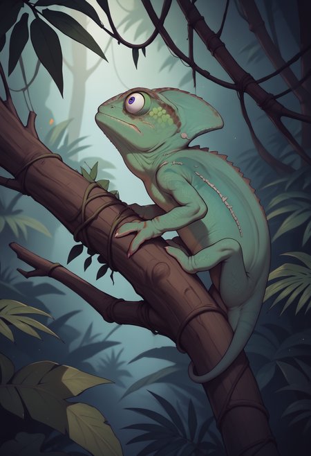 score_9,score_7_up,  <lora:ChamChameleonPonyXL:1>, Chameleon, lizard, back spikes, feral, scales, cross-eyed, on branch, jungle,