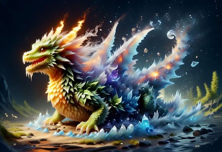 In a large sqaure broken bottle very cute petite appealing anthropomorphic tiny dragon rock, kawaii, gemstone eyes, sand mouth, moss face, dirt body, fern ears, stone teeth, looking at the viewer, macro, cinematic lighting, fantasy art, dynamic composition, epic realistic, award winning illustration  <lora:FoodPets:1> Foodpets, excited face, open mouth, outside the bottle, stome table, cliffs, earth jungle, birds, fire tornado, rushing stream splashing and bubbling, wet,  waterfall, boulder, ElementWind, gusts of air, stars, purple vortex in the sky