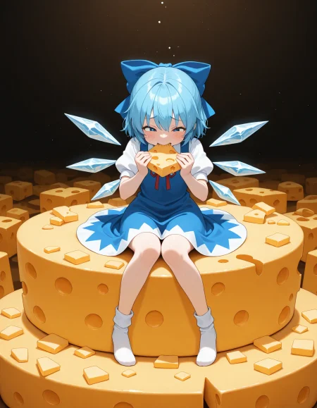 masterpiece, best quality, amazing quality,  1girl, solo, cirno, sitting on cheese, cheese, too many cheese, eating cheese, cheese background,