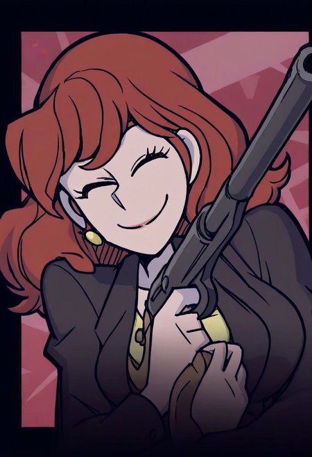 Masterpiece, best quality, aesthetic, high resolution, 1girl, solo, fujiko from lupin III, fujiko_mine, , holding a gun , looking at viewer, happy, big smile, wink, sending a kiss, Vanripper