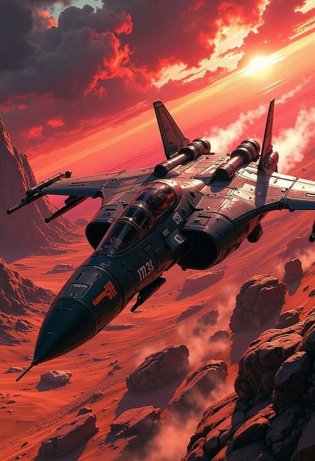 in the style of ck-mgs, A digital artwork in the style of cknc, a futuristic, highly advanced variable space fighter, small armoured spacecraft, flying rapidly over a rocky, arid planet. The fuselage is dark and has military insignia, and has a large air intake.  The sky has dark clouds, and is a surreal red, sunset