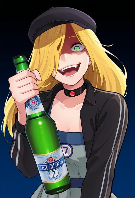 masterpiece, high quality, b4lt1k4, 1girl, solo, blonde hair, long hair, hair over one eye, green eyes, hat, choker, cropped black jacket, grey dress, dynamic pose, perspective, holding beer bottle, evil laugh, open mouth, front view, crazy look, upper body, hugging bottle,