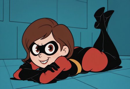 RetroXL, toon \(style\), flat color, 1girl, helen parr, superhero costume, red and black costume, looking at viewer, crossed arms, smile, lying on stomach, legs up, (masterpiece,best quality,newest,absurdres,highres)  <lora:HelenParr_NAI:1>