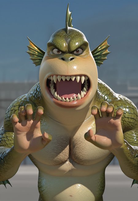 masterpiece, best quality, amazing quality, detailed background, intricate details, dynamic, cinematic, animated, anime realistic shading, solo, male focus, 1boy, handsome, tmlk, monster boy, green scales, two-tone skin, head fins, brown eyes, back fin, arm fin, chest hair, tail, hands up, claw gesture, angry face, sharp teeth, looking at viewer, abstract background