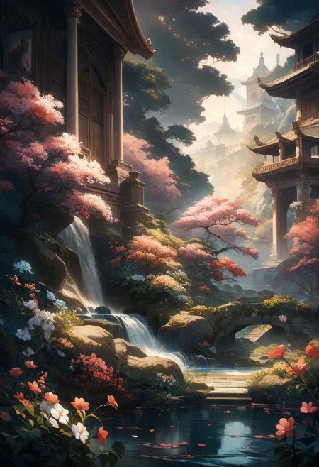 A beautiful landscape reminiscent of a spring. A garden with a warm wind blowing. 
garden filled with blooming plum blossoms. 
You will be enchanted by the beautiful paintings. 
best quality, 8k, ultra-detailed, very aesthetic, superb composition, finest details, intricate details, absurdres, high contrast,