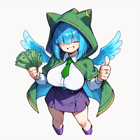 score_9, solo
 <lora:Mahoko:0.8> mahoko, blue hair, wings, hood, hair over eyes, hood up, capelet, gem, purple footwear, blunt bangs, large breasts
 <lora:gangstersb-guy-PONYv1:0.8> gangstersb, thumbs up, one eye closed, grin, smile, money, holding money, portrait, cropped torso, ring, formal, hat, green headwear, necktie, suit, striped, looking at viewer