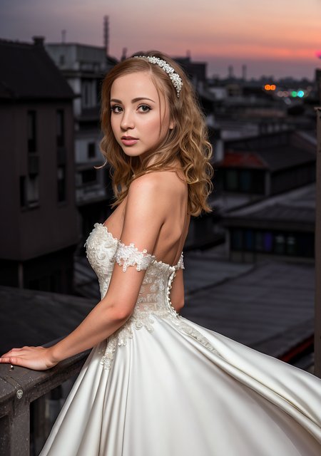 woman looking into the camera, dark, (at night), wide angle, empty city, blurry background, full body, serious,  bride dress,   <lora:aliceBetty_v10:1>  <lora:flashlight_v10:0.6>