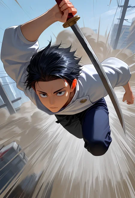 1boy, okkotsu yuuta, jujutsu kaisen, perspective, dust cloud, dynamic pose, dashing, (running:1.1), motion lines, motion blur, power lines, speed lines, from above, extreme perspective, arm up, expressionless, empty eyes, city, black eyes, reverse grip, holding sword, 
<lora:cfg_scale_boost:0.3>,<lora:nai_noob_new_1536:0.2>,<lora:nyaliaXLNBVP1lokrV6311P:0.2>, <lora:illustriousXL_stabilizer_v1.23:0.3>, <lora:perspective:0.9>,, (masterpiece, best quality, newest, highres:1.3), good quality, very aesthetic, absurdres, newest, very awa,
