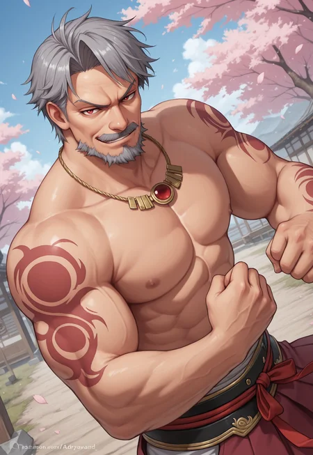 masterpiece, best quality, amazing quality, AdrayLasbard, mature male, grey hair, short hair, red eyes, facial hair, mustache, necklace, shirtless, muscular, arm tattoos, belt, hakama, upper body, detailed background, dynamic pose, open field, sakura trees, blue sky, dutch angle, petals on the wind, looking at viewer, smirk, cowboy shot, fighting stance,
