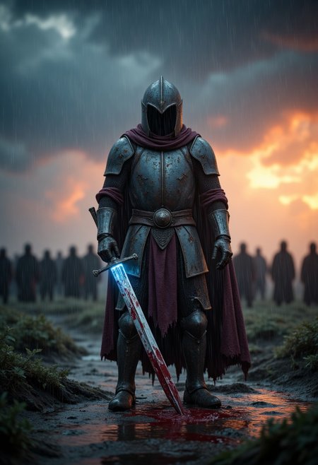 The image is a highly detailed, photorealistic CGI rendering of a lone knight standing in the center of a storm-ravaged battlefield. The knight, clad in ancient, tarnished plate armor, bears the scars of countless battles, each dent and scratch telling a story of survival. His helmet is missing, revealing a face lined with exhaustion, his sharp, dark eyes fixed on the distant horizon where the last remnants of the sun cast a dying amber glow. Blood trickles down his temple, mixing with the rain that falls in heavy sheets, creating rivulets of crimson on the muddied ground beneath him. His gauntleted hand clenches the remnants of a shattered longsword, the broken blade still glowing faintly with an eerie blue enchantment.
   , aidmamjv7, aidmaHyperrealism, aidmaimageupgrader