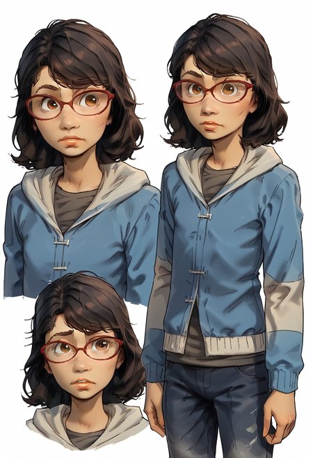 score_9, score_8_up, score_7_up, score_6_up, score_5_up, score_4_up, conceptart,multiple views,white background,simple background,<lora:concept:1>,
1girl, solo,, 
Sarah_TWD,, , brown eyes, black hair, medium hair, dark skinned , ,, young face, ((red frame glasses, blue and white hooded jacket, dark-gray shirt, blue jeans pants, gray boots,)),, young, flat chest,
<lora:princess_xl_v1:0.7>, <lora:Expressive_H:0.6>, <lora:incase-ilff-v3-4:0.5>, <lora:MysticalPlantPenetratorPDXL:0.5>, <lora:SarahTWD:1>